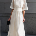 Sheer Sleeve Waist-Defined Midi Dress