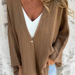 Solid Color V-neck Loose Long-sleeved Button Top