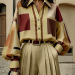 Long Sleeves Loose Buttoned Contrast Color Plaid Lapel Blouses&Shirts Tops