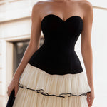Strapless Contrast Tiered A-Line Midi Dress