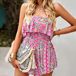 Off Shoulder Jumpsuit Floral Print Strapless Elastic Waist Wide Leg Shorts Romper Dress