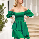 Solid Color Long Sleeve Dress Square Neck Lotus Leaf Mini Dress