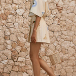 Kea Linen Blend Unique Print Short Sleeve Shirt and High Rise Wrap Panel Miniskirt Set