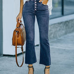 Nadorine Buckle Design High-waisted Micro-flared Jeans Casual Cropped Pants
