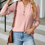 Solid Color V-Neck Buttoned Jacquard Loose-Fitting Long-Sleeved T-Shirt Top