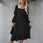Solid Square Neck Bishop Sleeve Flounce Hem Dress