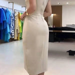 Elegant Stand Collar Fake Two-piece Tie-up Split Mid-length Dress