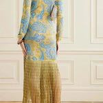 Golden Age Knit Paisley Print Long Sleeve Tassle Hem Maxi Dress