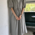 Original Loose Solid Color Pleated Puff Sleeves Midi Dress