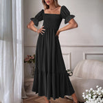 Ruffle Puff Sleeve Smocked Dress Square Neck Long Sleeve High Waist Flowy Maxi Dress