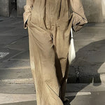 Long Sleeves Loose Pleated Pockets Split-Joint Round-Neck Jumpsuits