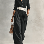 Women's Lapel Single Breasted Long Sleeve Belted Jumpsuit