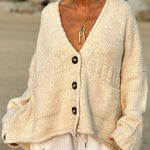 Solid Color Loose Long Sleeve V-neck Pocket Knitted Sweater Cardigan