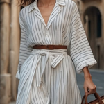 Long Sleeves Loose Belted Buttoned Striped Notched Collar Midi Dresses Shirt Dress