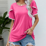 Pom-Pom Trim Flutter Sleeve Round Neck Tee Casual Blouses Tops