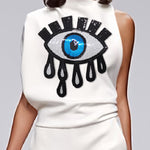 Applique Asymmetric Embroidered Figure Mock Neck Blouses&shirts Tops