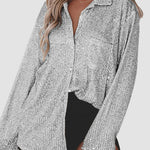 Nadorine Solid Color Button-down Long-sleeve Sequined Cardigan Shirt for Women Casual Loose Business Casual 2026 | Under