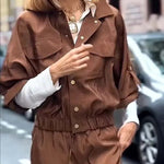 Street Charm Glossy Fabric Button Pocket Cargo Jacket and Elastic Waist Jogger Pants Set