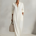 Women's Cream Textured Dress With Button-Front Detail & Relaxed Fit, Modern Casual-Chic Style Maxi Dress