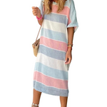 Multicolor Striped Color Block Loose Fit Half Sleeve Maxi Dress