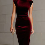 Burgundy Velvet Turtleneck Sheath Dress