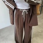 Levvie Striped Trim Long Sleeve Lapel Blazer and Rope Belt Pocketed Wide Leg Pants Set