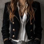 Retro Black Velvet Military Gold Button Detailing Blazer