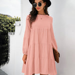 Long Puff Sleeve Shirt Dress Casual Crewneck Loose Fit Sundress Trendy Tiered Layer Summer Mini Dresses
