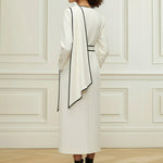 Long Sleeves Minimalist Belted Comfort Contrast Color Round-Neck Midi Dresses