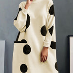 Long Sleeves Loose Pockets Polka-Dot Mock Neck Midi Dresses