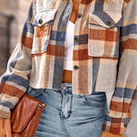 Lapel Pocket Fashion Casual Cropped Ladies Plaid Jacket