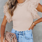 Solid Color Round Neck Pullover Slim Fit Lotus Leaf Sleeve T-shirt
