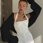 Puff Long Sleeve Rib Knit Short Fleece Cropped Cardigan