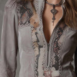 Vintage Patchwork Eco-Suede Blouse With Lace And Floral Prints