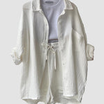 Solid Pocket Patched Drop Shoulder Blouse & Shorts Sets