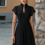 Chiffon Mandarin-Collar Flutter Sleeve A-Line Dress