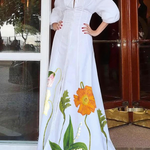 A-Line High Waisted Buttoned Flower Print Lapel Maxi Dresses Shirt Dress