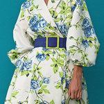 Batwing Sleeves Loose Pleated Printed Tied Waist Lapel Midi Dresses Shirt Dress