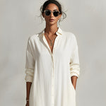 Women's Cream Textured Dress With Button-Front Detail & Relaxed Fit, Modern Casual-Chic Style Maxi Dress