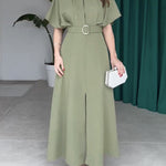 Loose Raglan Sleeve Pleated Split-Front Split-Joint Tied Waist Round-Neck Maxi Dresses