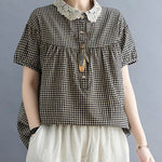Cotton Blend Plaid Polo Puff Sleeve T-Shirts Tops