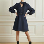 Long Sleeves Puff Sleeves Belted Bow-Embellished Solid Color V-Neck Mini Dresses