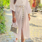 White Textured Turn Down Collar Long Shirt Dress