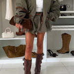 Fashion Style Button Long Balloon Sleeve Pocket Lapel Casual Bomber Jacket