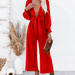 Wide Leg Casual Long Sleeve Solid Color Bowknot V Neck Jumpsuit