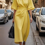 Loose Short Sleeves Pleated Solid Color Split-Joint Round-Neck Midi Dresses