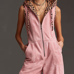 Western Retro Pink Faux Suede Sleeveless Leopard Print Hooded Wide-Leg Jumpsuit