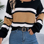 Striped Contrasting Metal Buckle Loose Long-sleeved Knitted Sweater
