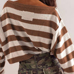 Striped Print Crew Neck Long Sleeve Loose Knitted Sweater