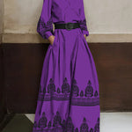 Long Sleeves Loose Buttoned Pleated Pockets Printed Stand Collar Jumpsuits